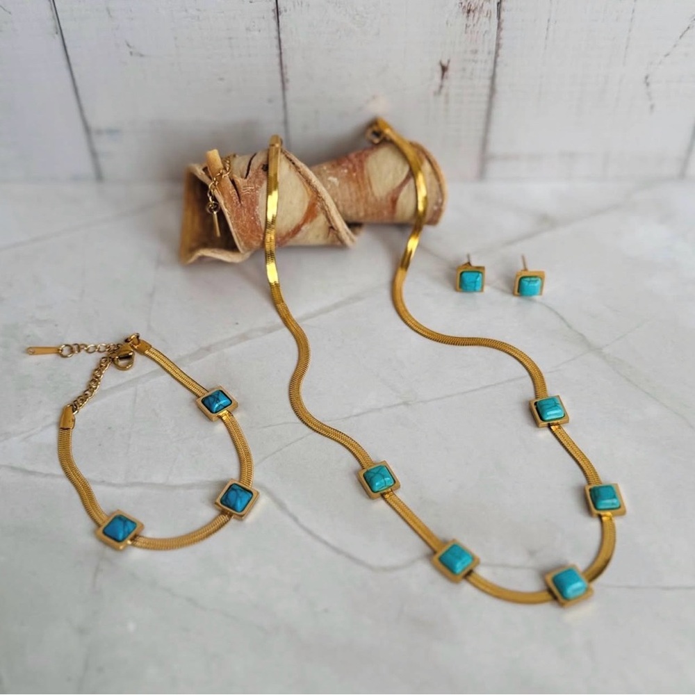 18K gold-plated stainless steel turquoise snake chain necklace and earring set
